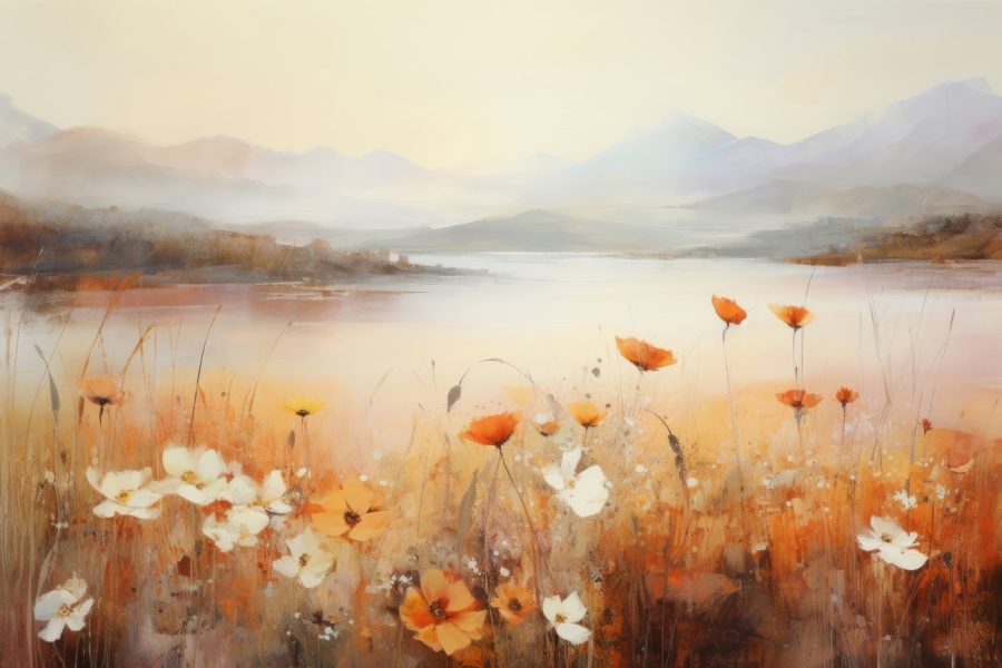 Peinture de fleurs au bord d'un lac
