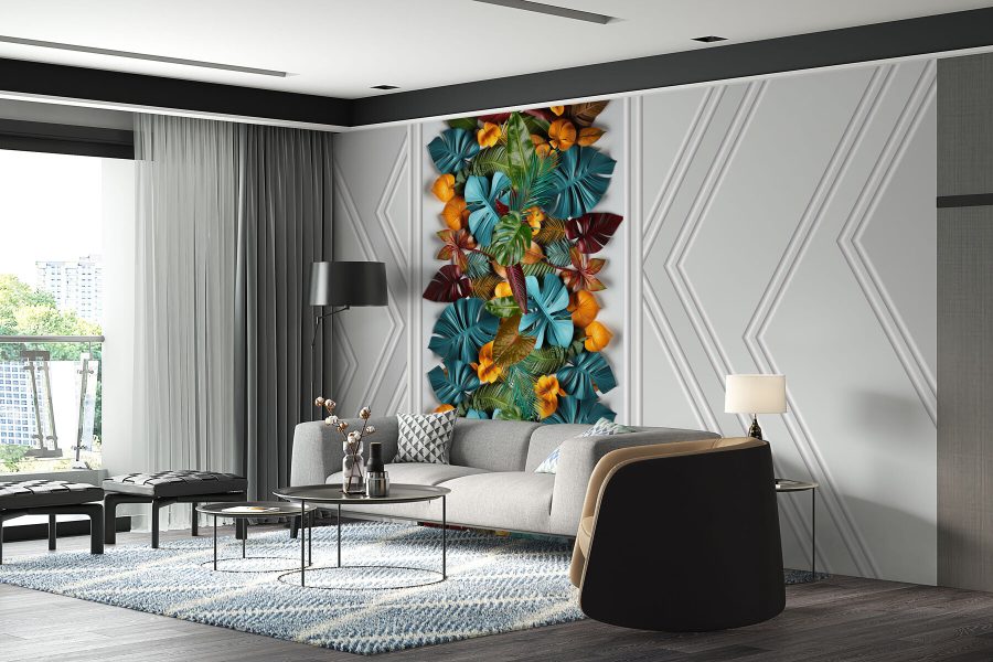 Papier peint Porte blanche avec des feuilles colorées – Image 3