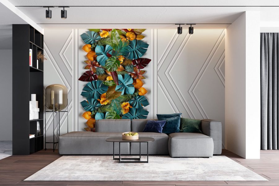 Papier peint Porte blanche avec des feuilles colorées – Image 4