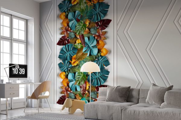 Porte blanche avec des feuilles colorées Porte blanche avec des feuilles colorées