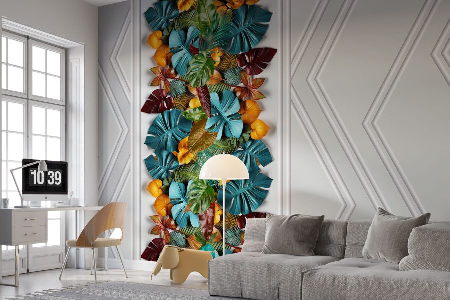Papier peint Porte blanche avec des feuilles colorées – Image 6