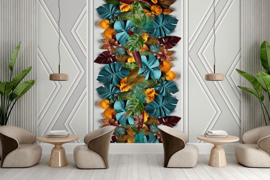 Papier peint Porte blanche avec des feuilles colorées – Image 7