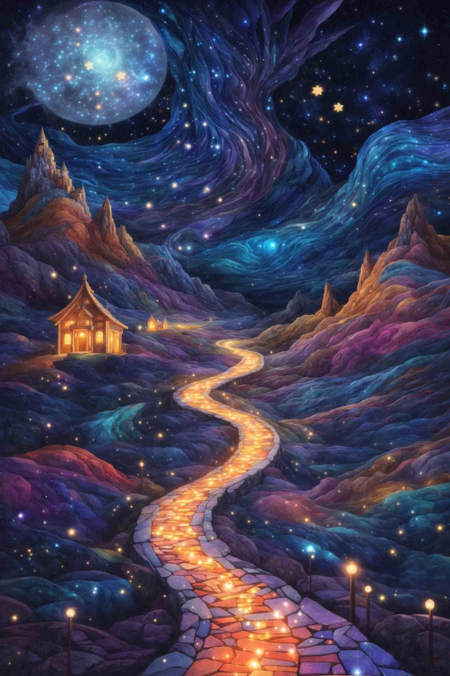 Peinture d'un sentier en montagne