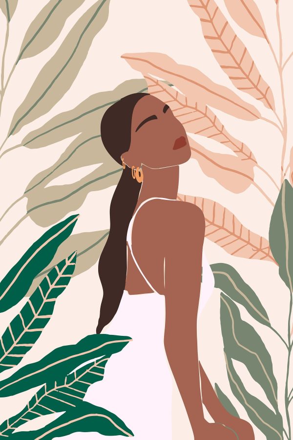 Femme sereine au milieu d'un feuillage luxuriant Femme sereine au milieu d'un feuillage luxuriant