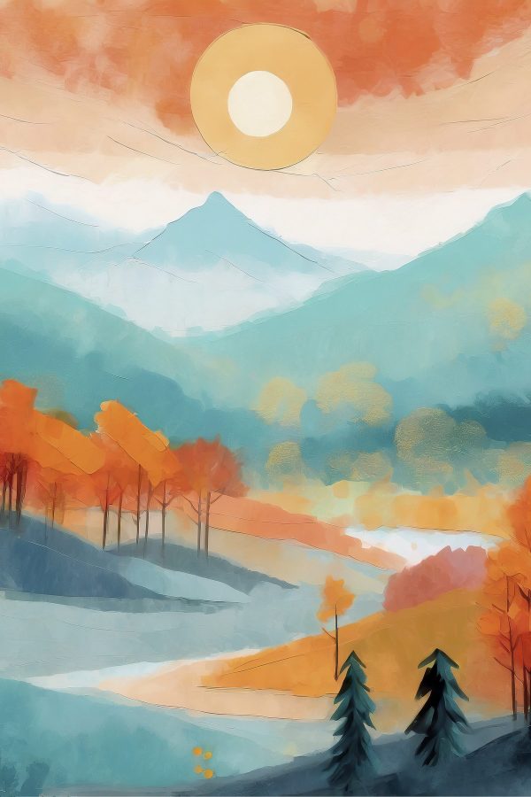 Peinture d'un paysage avec des arbres et des montagnes Peinture d'un paysage avec des arbres et des montagnes