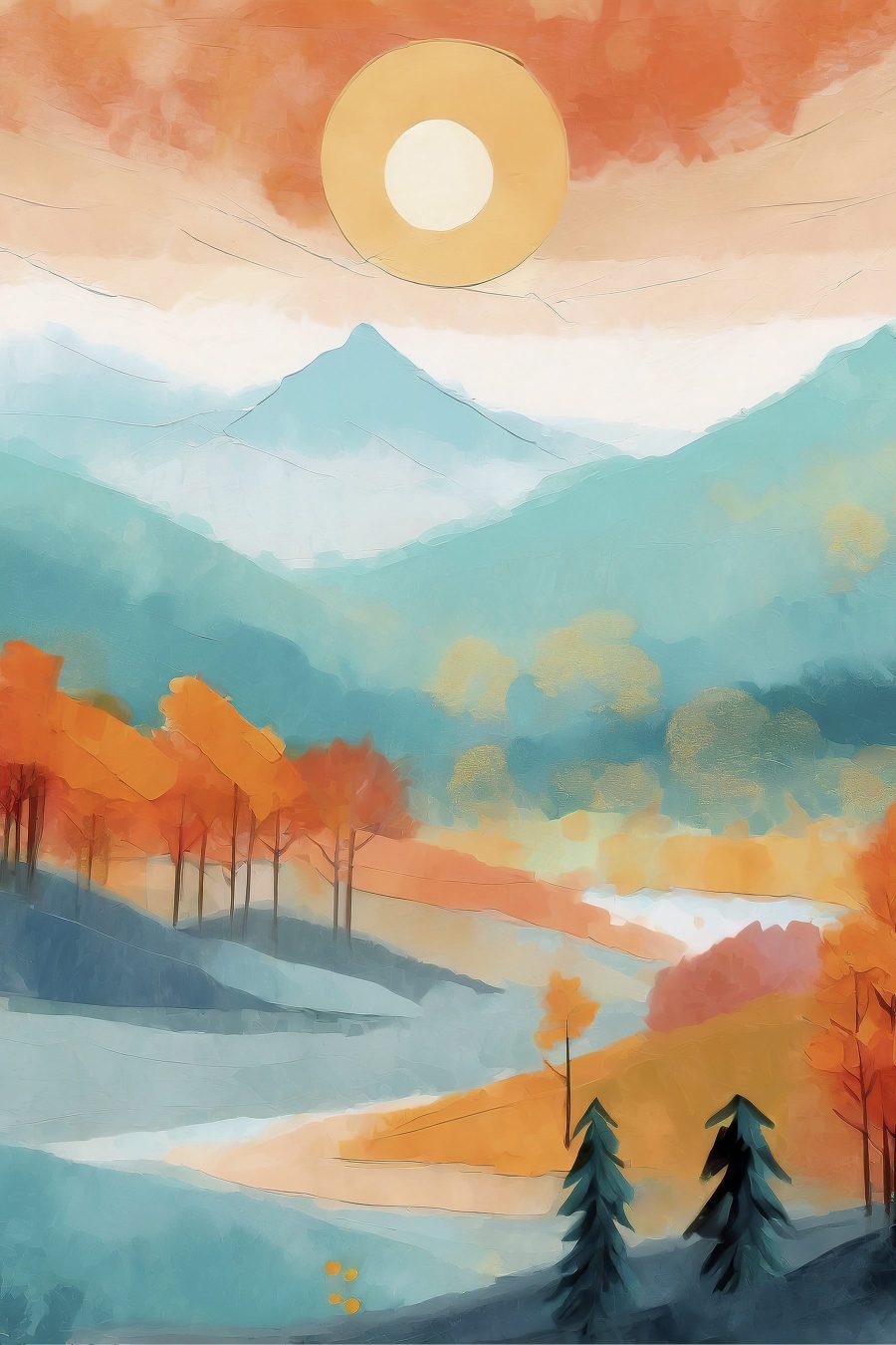 Peinture d'un paysage avec des arbres et des montagnes Peinture d'un paysage avec des arbres et des montagnes