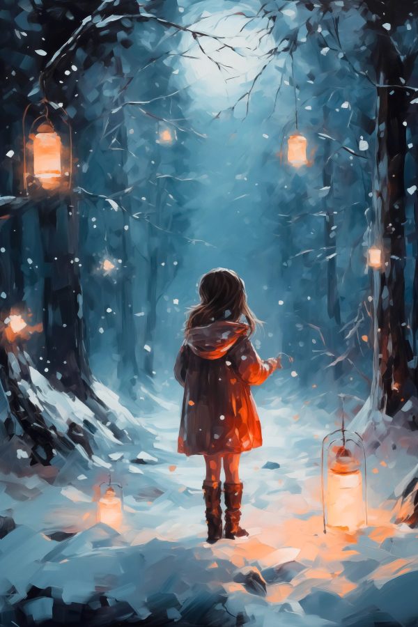 Fille debout dans une forêt enneigée avec des lanternes Fille debout dans une forêt enneigée avec des lanternes