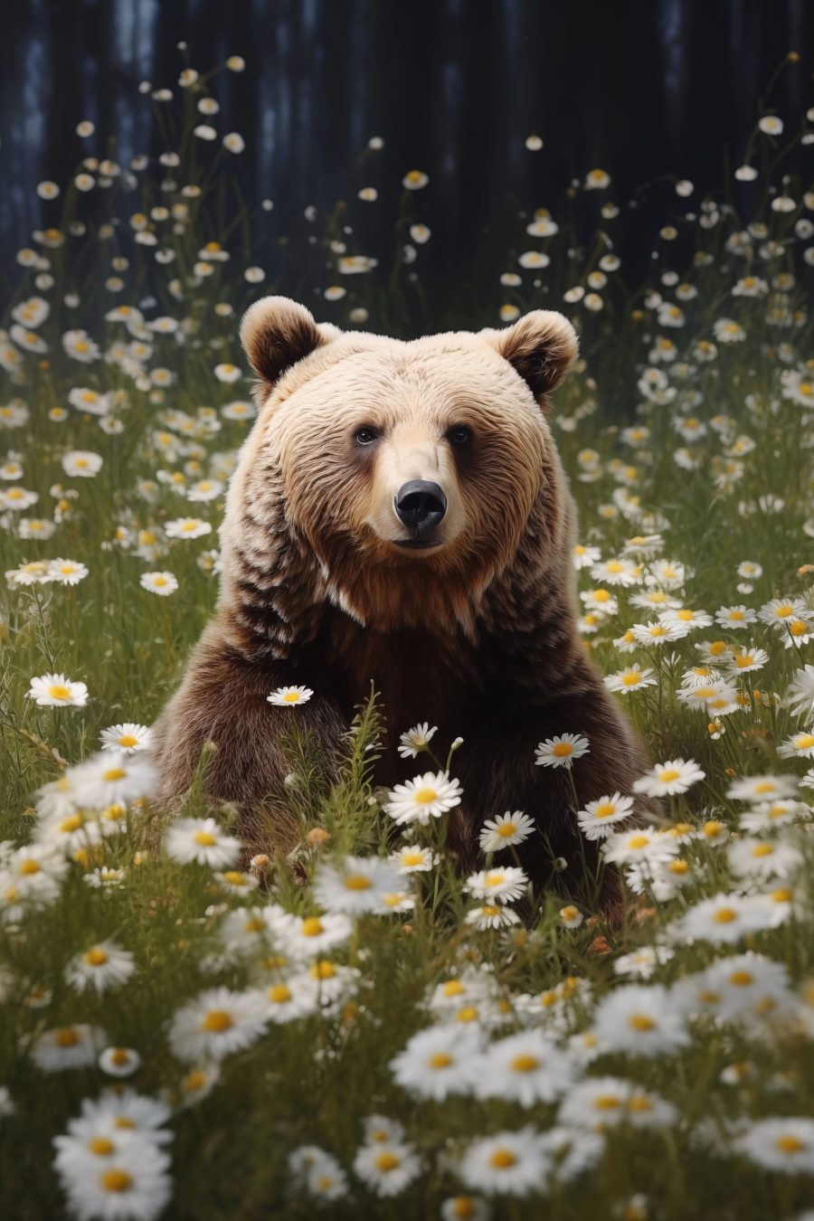 Ours assis dans un champ de fleurs
