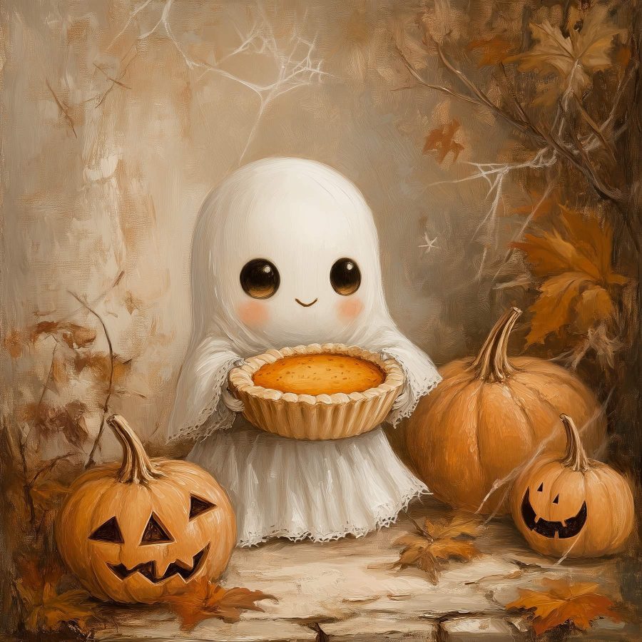 Peinture d'un fantôme tenant une tarte