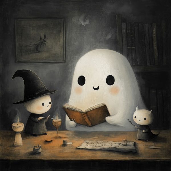 Fantôme lisant un livre avec deux petites personnes Fantôme lisant un livre avec deux petites personnes