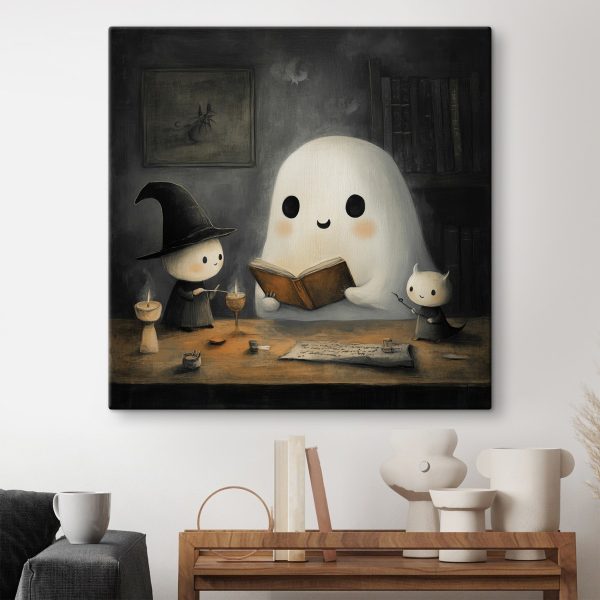 Fantôme lisant un livre avec deux petites personnes Fantôme lisant un livre avec deux petites personnes