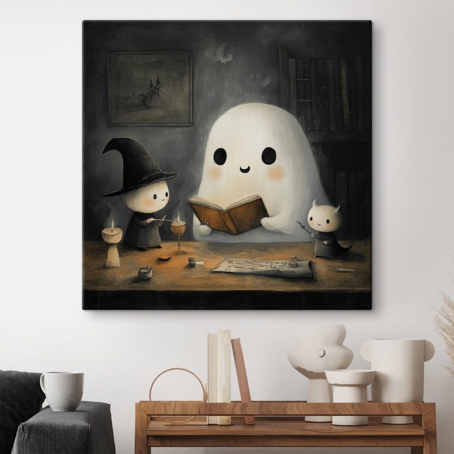 Fantôme lisant un livre avec deux petites personnes Fantôme lisant un livre avec deux petites personnes