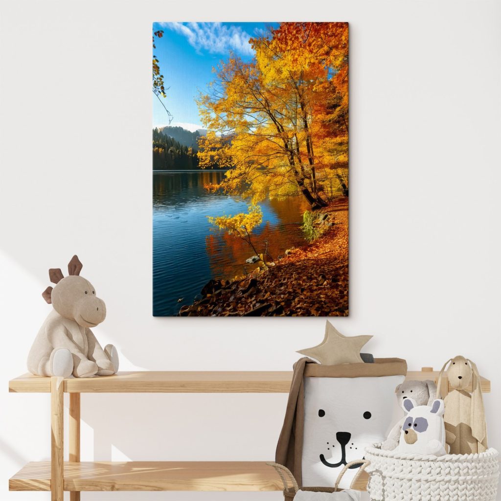 Lake with trees and leaves on the ground