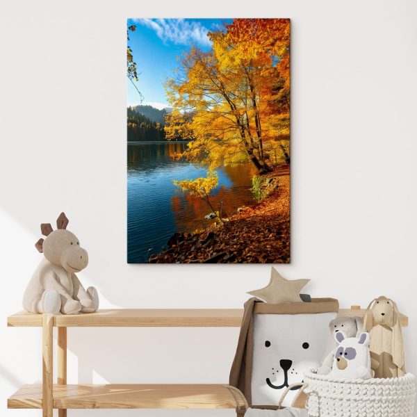 Lac avec des arbres et des feuilles sur le sol Lac avec des arbres et des feuilles sur le sol