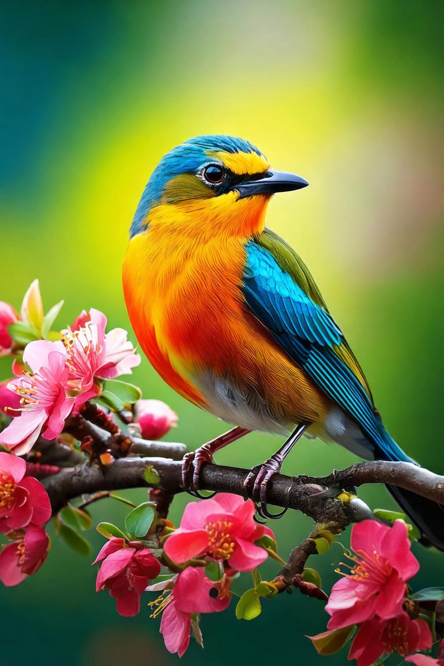 Oiseau coloré sur une branche avec des fleurs roses Oiseau coloré sur une branche avec des fleurs roses