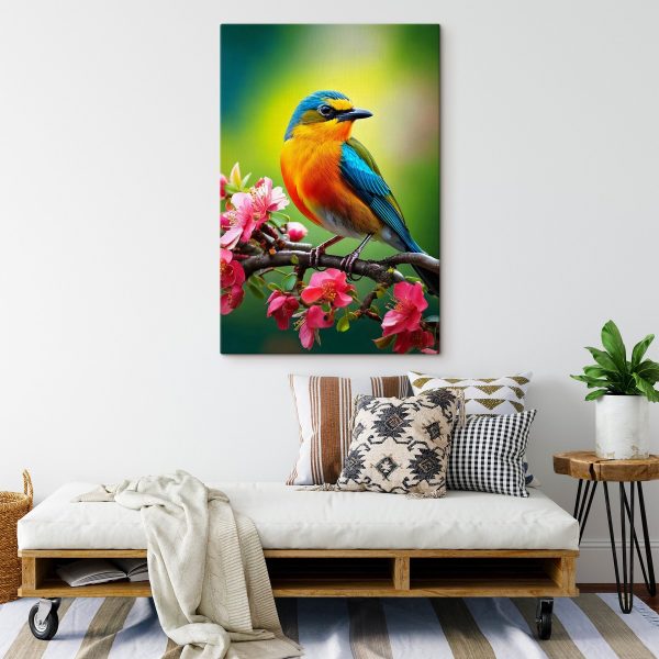 Oiseau coloré sur une branche avec des fleurs roses Oiseau coloré sur une branche avec des fleurs roses