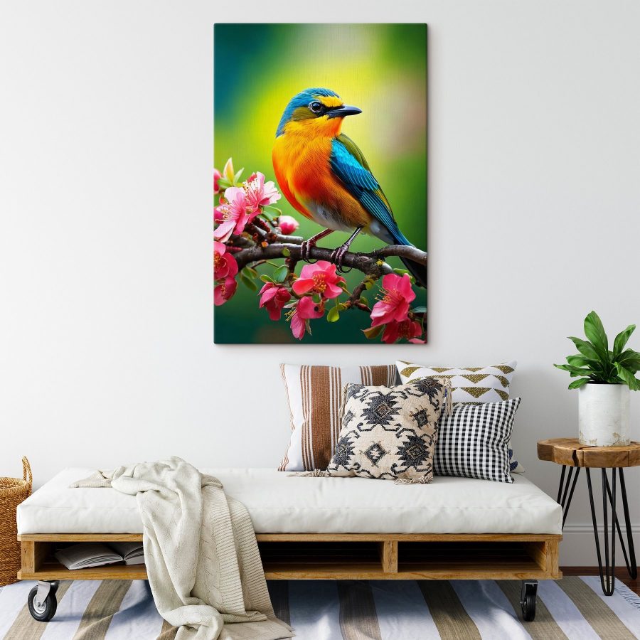Oiseau coloré sur une branche avec des fleurs roses Oiseau coloré sur une branche avec des fleurs roses