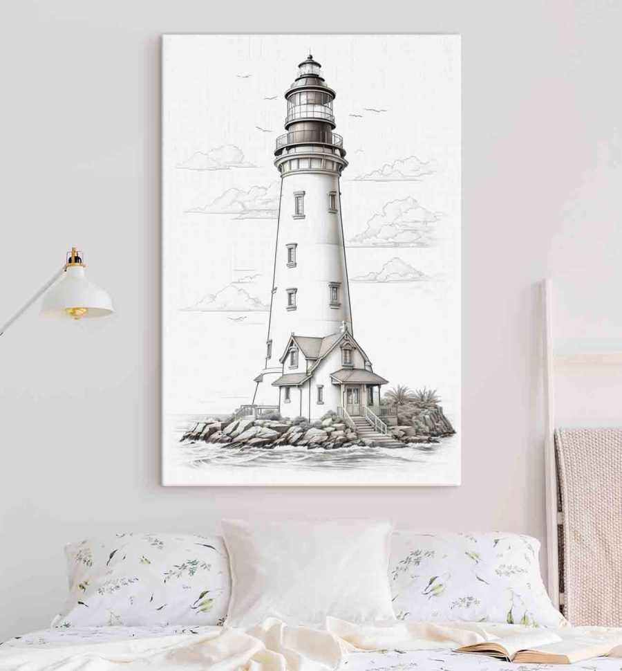 Phare avec maison et palmiers