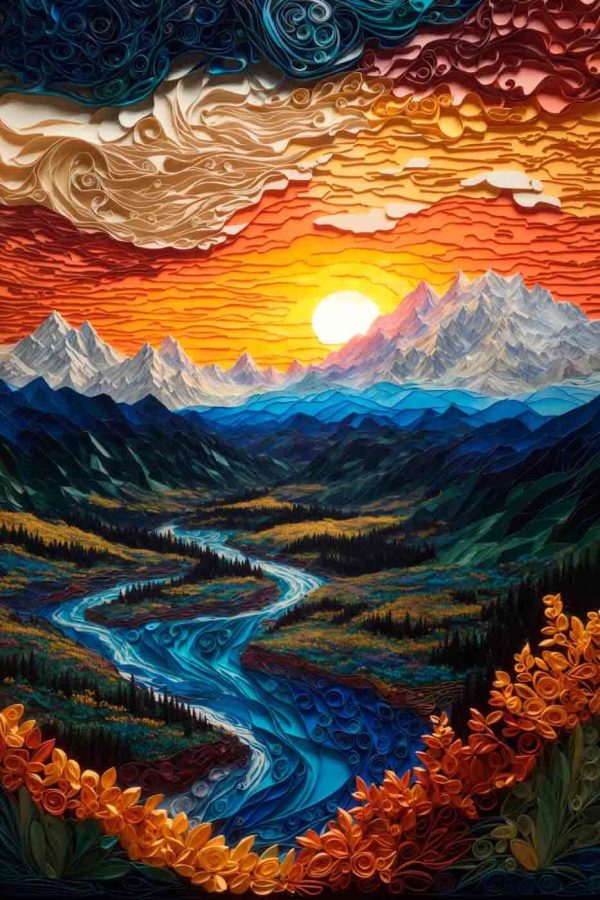 Peinture d'une rivière coulant dans une vallée Peinture d'une rivière coulant dans une vallée