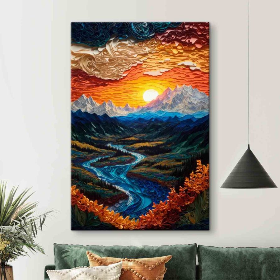Peinture d'une rivière coulant dans une vallée