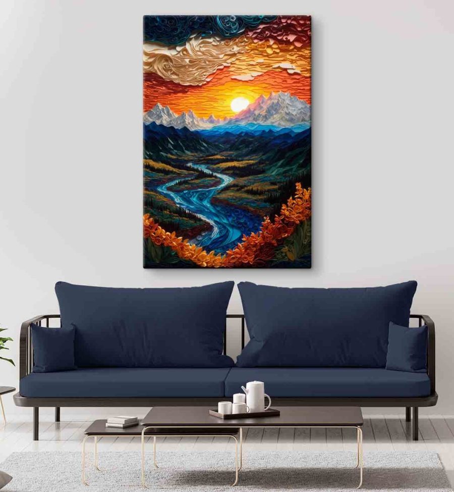 Peinture d'une rivière coulant dans une vallée