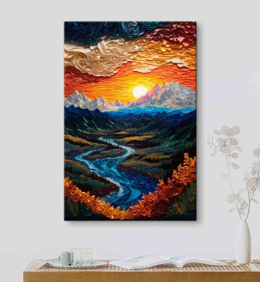 Peinture d'une rivière coulant dans une vallée