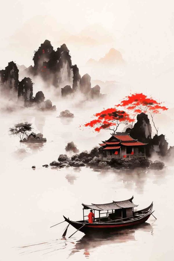 Peinture d'une maison et d'un bateau dans l'eau Peinture d'une maison et d'un bateau dans l'eau