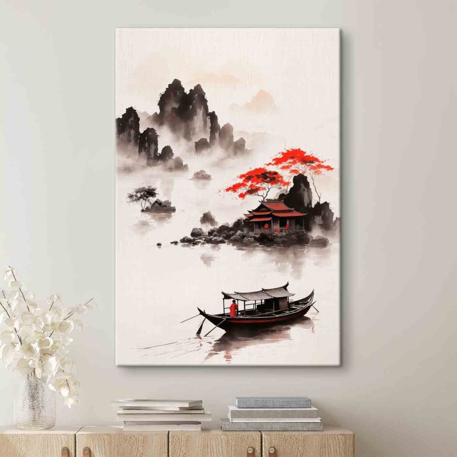 Peinture d'une maison et d'un bateau dans l'eau