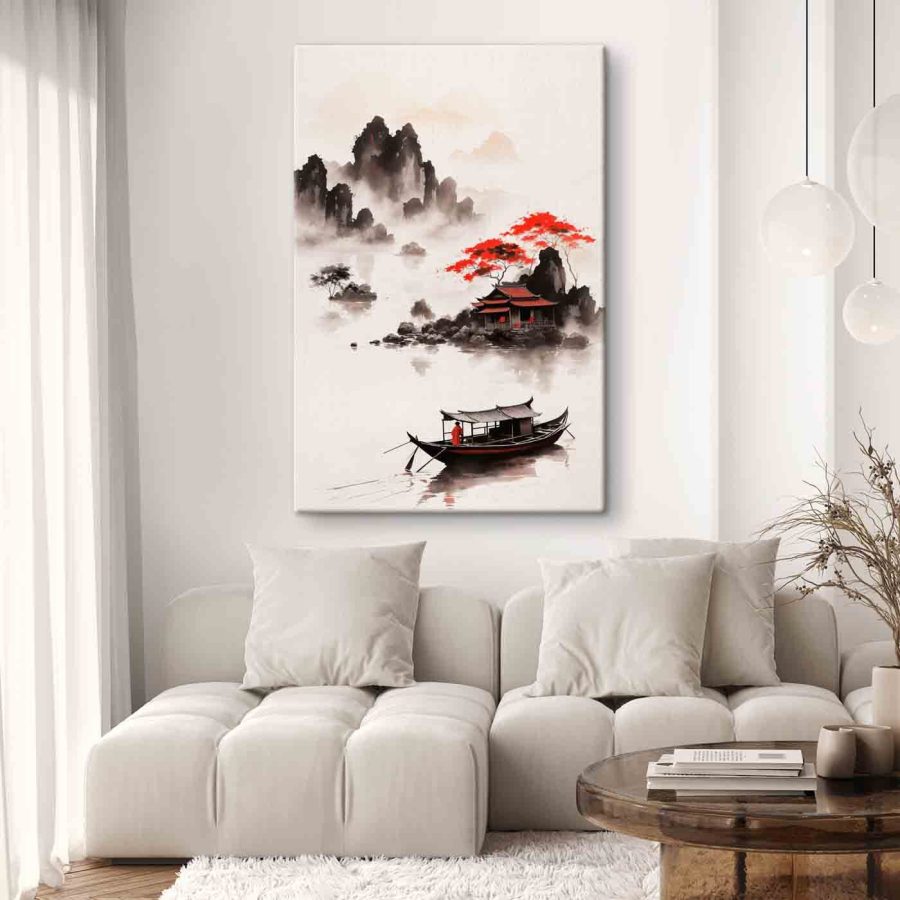 Peinture d'une maison et d'un bateau dans l'eau
