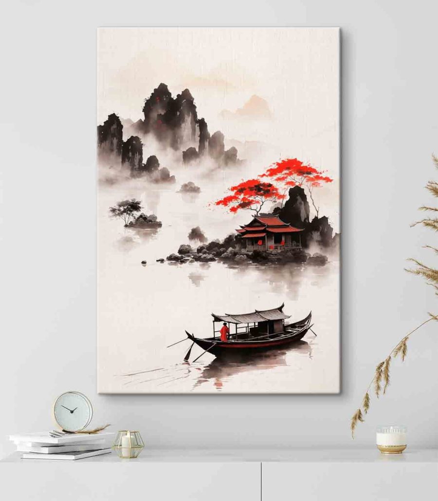 Peinture d'une maison et d'un bateau dans l'eau