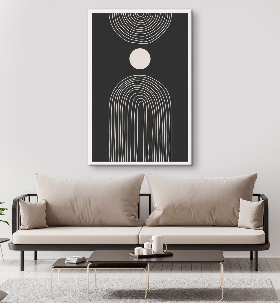 Affiche en noir et blanc avec un cercle blanc et un arc-en-ciel noir et blanc Affiche en noir et blanc avec un cercle blanc et un arc-en-ciel noir et blanc