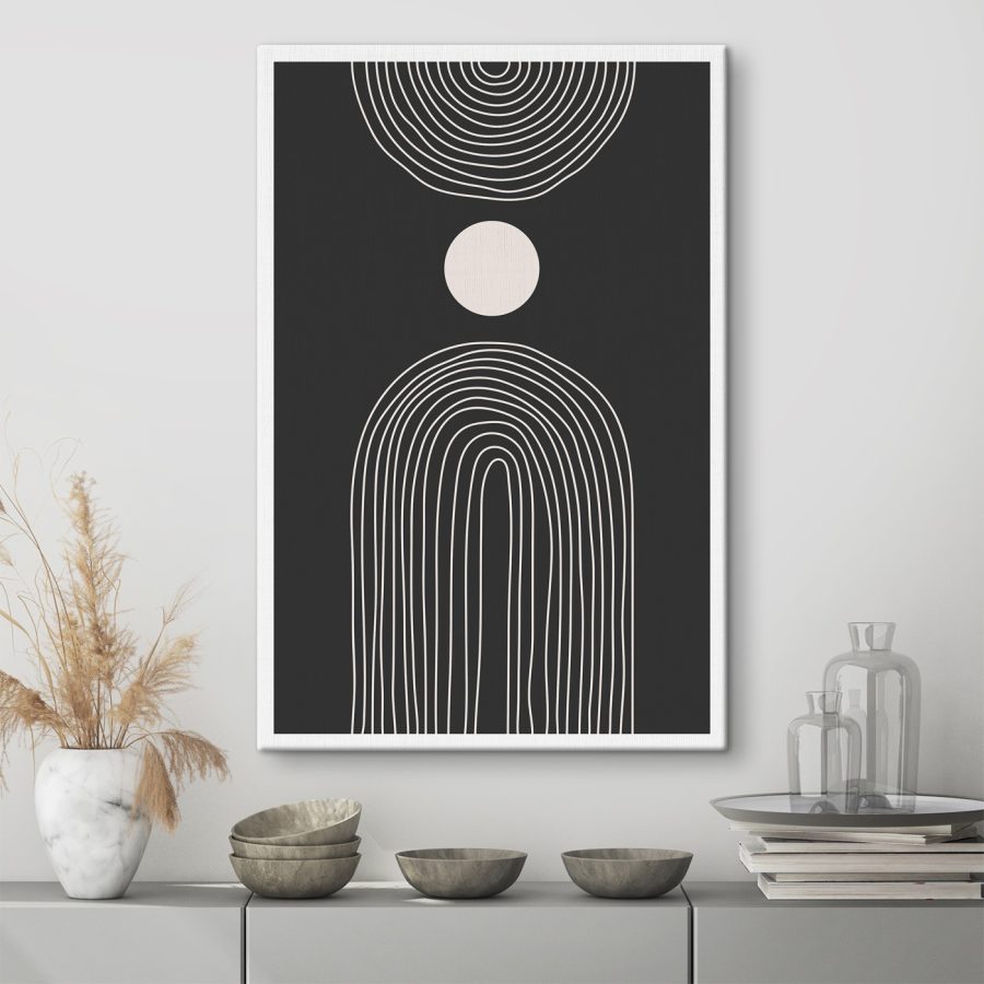 Affiche en noir et blanc avec un cercle blanc et un arc-en-ciel noir et blanc Affiche en noir et blanc avec un cercle blanc et un arc-en-ciel noir et blanc