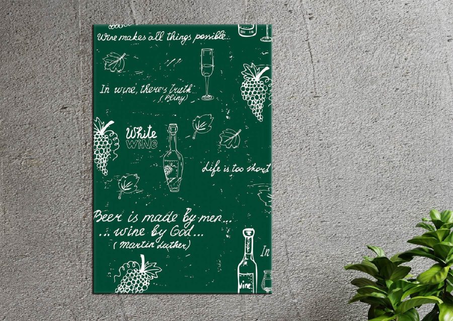 Tableau vert avec texte blanc et bouteille de vin Tableau vert avec texte blanc et bouteille de vin