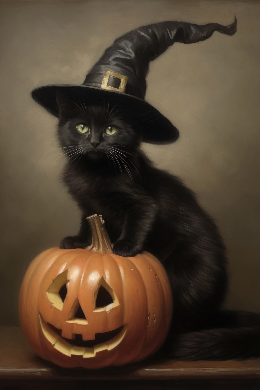 Chat portant un chapeau de personne et assis sur une citrouille