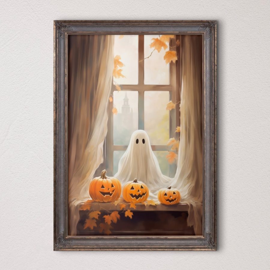 Groupe de citrouilles et fantôme assis sur le rebord d'une fenêtre Groupe de citrouilles et fantôme assis sur le rebord d'une fenêtre