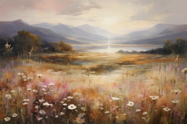 Peinture d'un champ avec des fleurs et des montagnes en arrière-plan Peinture d'un champ avec des fleurs et des montagnes en arrière-plan