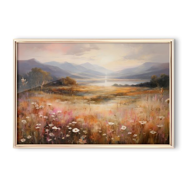 Peinture d'un champ avec des fleurs et des montagnes en arrière-plan Peinture d'un champ avec des fleurs et des montagnes en arrière-plan