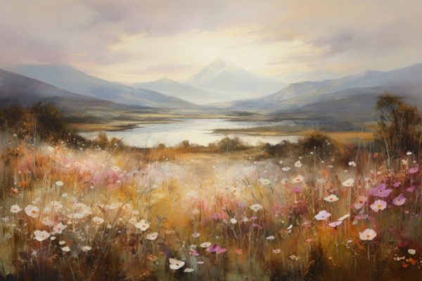 Peinture d'un champ de fleurs et d'un lac Peinture d'un champ de fleurs et d'un lac