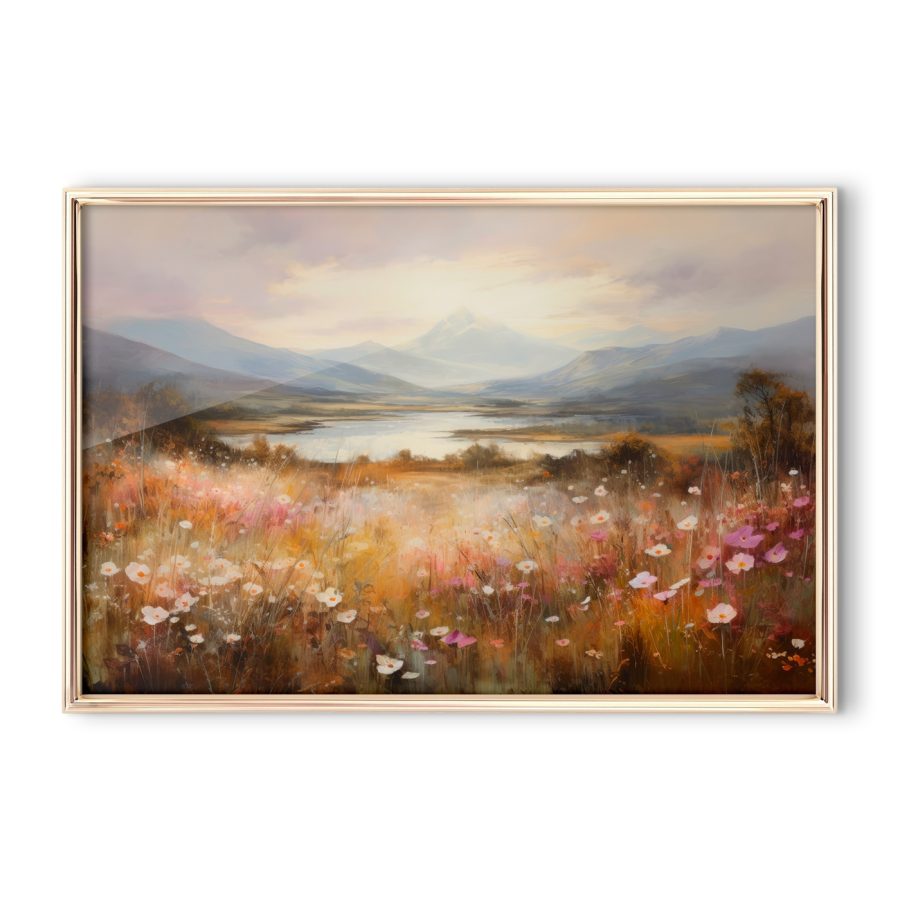 Peinture d'un champ de fleurs et d'un lac Peinture d'un champ de fleurs et d'un lac