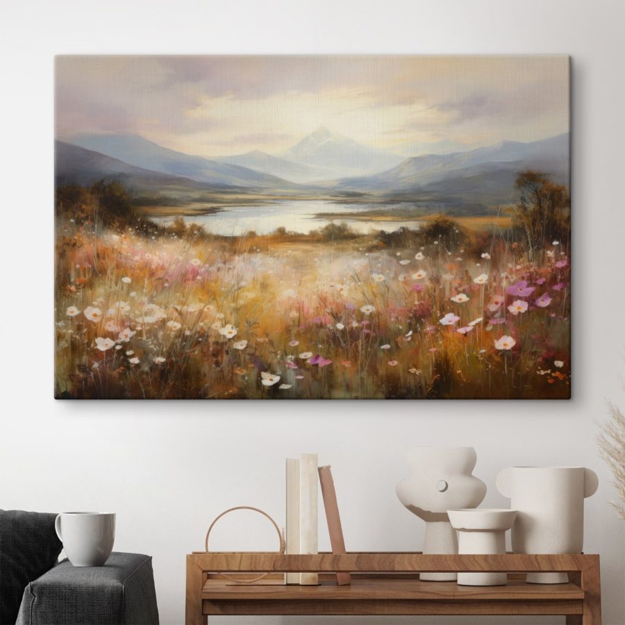 Peinture d'un champ de fleurs et d'un lac Peinture d'un champ de fleurs et d'un lac