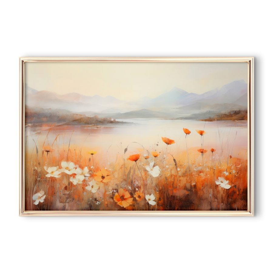 Peinture de fleurs au bord d'un lac