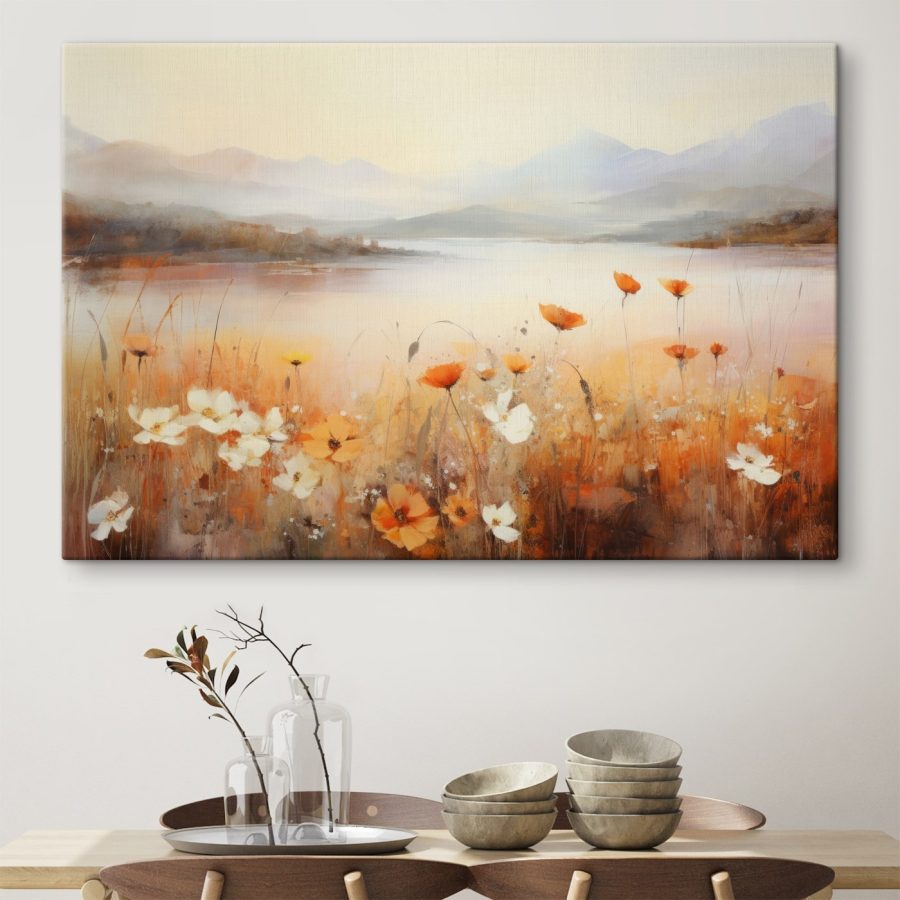 Peinture de fleurs au bord d'un lac