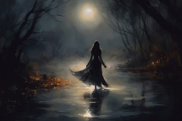 Femme marchant dans une forêt sombre Femme marchant dans une forêt sombre