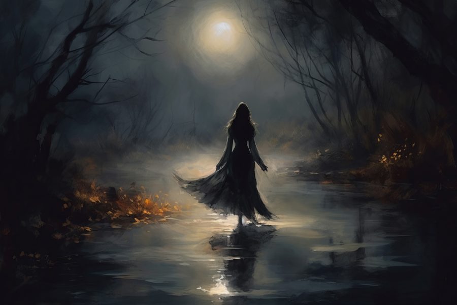 Femme marchant dans une forêt sombre