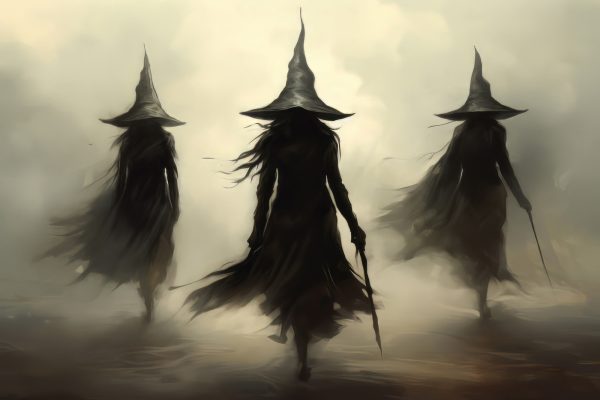 Groupe de femmes en robes et chapeaux noirs marchant dans le brouillard Groupe de femmes en robes et chapeaux noirs marchant dans le brouillard