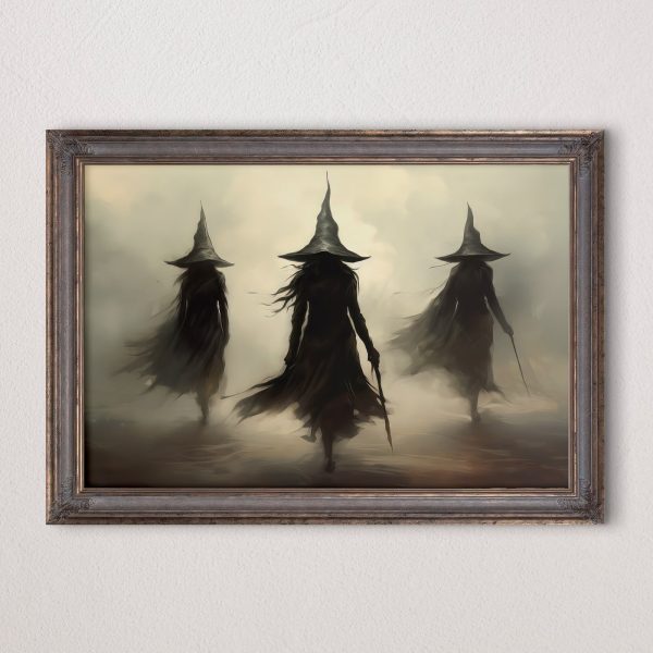 Groupe de femmes en robes et chapeaux noirs marchant dans le brouillard Groupe de femmes en robes et chapeaux noirs marchant dans le brouillard