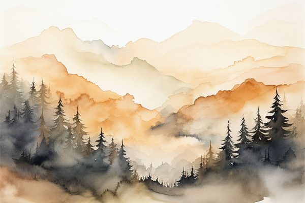 Aquarelle d'arbres et de montagnes Aquarelle d'arbres et de montagnes