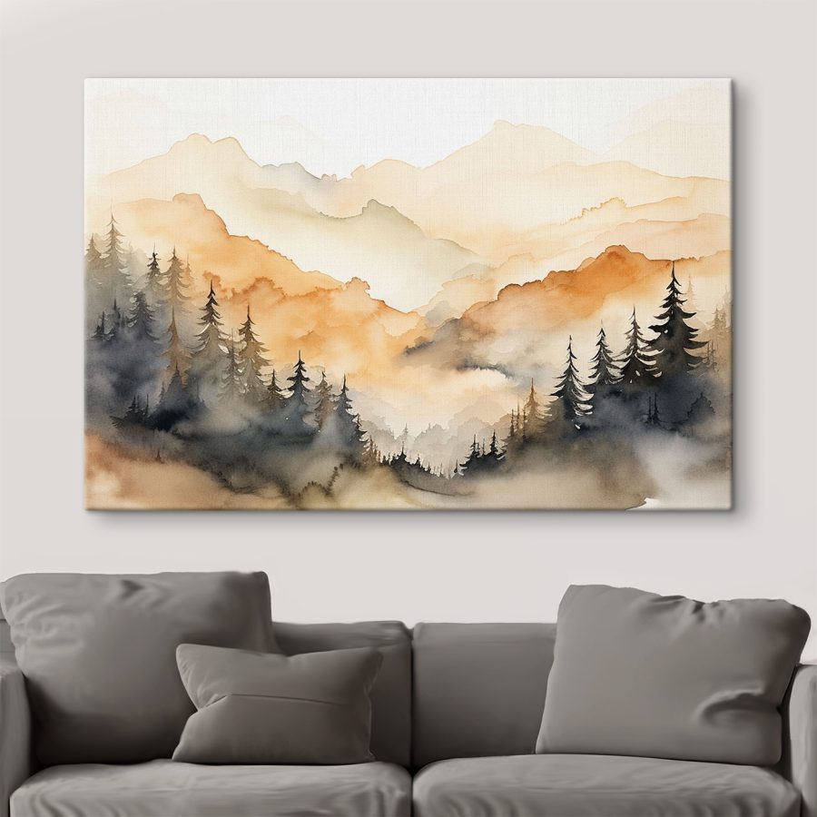 Aquarelle d'arbres et de montagnes