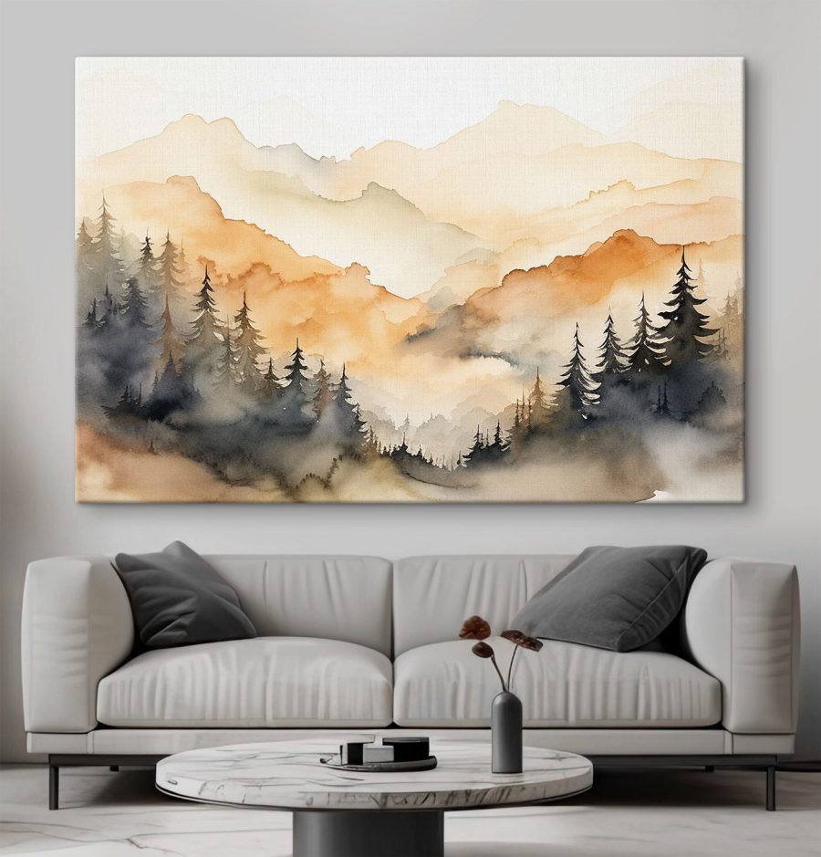 Aquarelle d'arbres et de montagnes