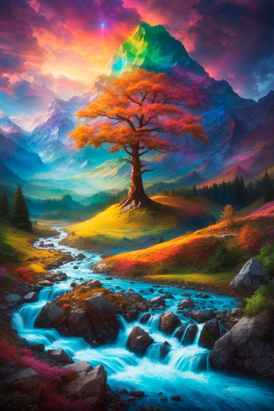 Rivière traversant une vallée avec un arbre au milieu Rivière traversant une vallée avec un arbre au milieu